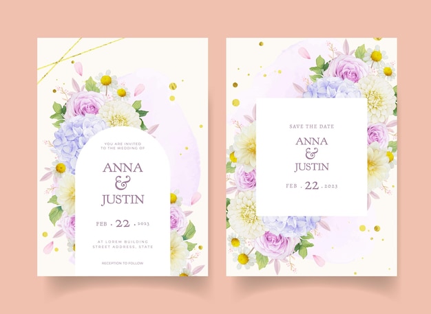 Hochzeitseinladung mit aquarell lila rosen dahlie und hortensie blume