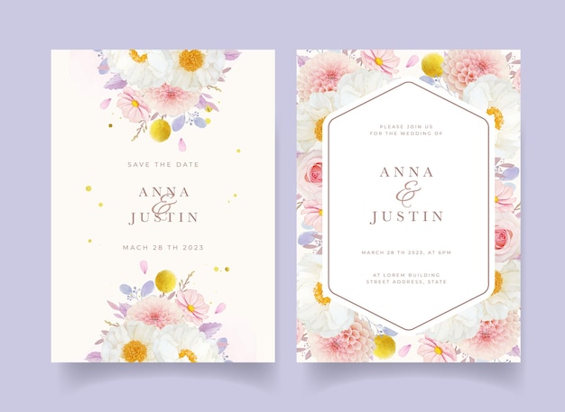 Hochzeitseinladung mit aquarell rosa rosen dahlie und pfingstrose blume