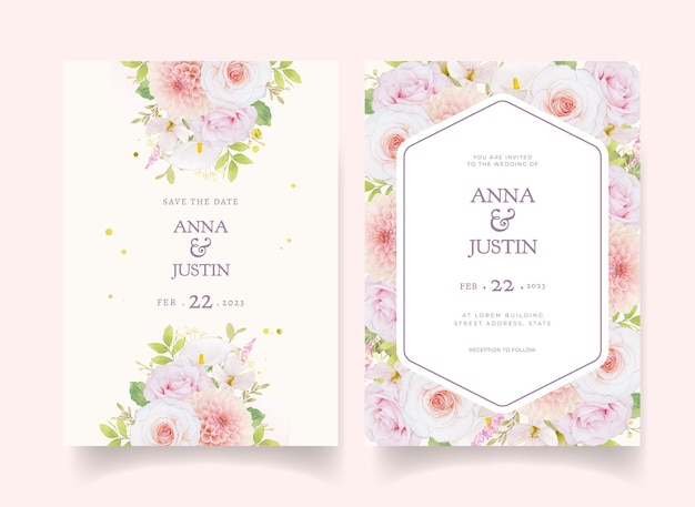 Hochzeitseinladung mit aquarell rosa rosen und dahlie