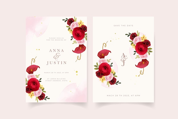 Hochzeitseinladung mit aquarell rote rose lilie und ranunkeln blume