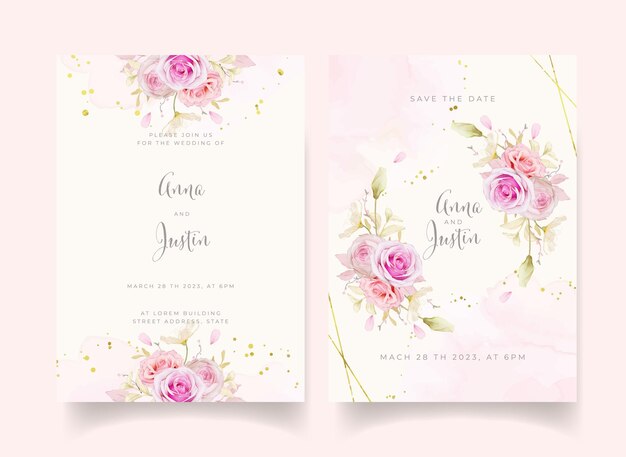 Hochzeitseinladung mit Aquarellrosen und blauer Hortensienblume