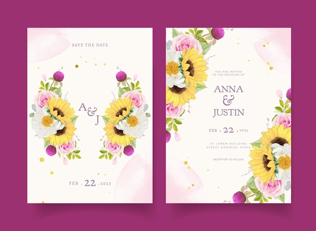 Hochzeitseinladung mit aquarellrosen und sonnenblumen