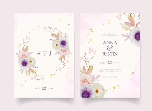 Hochzeitseinladung mit aquarellrosendahlie und anemonenblume