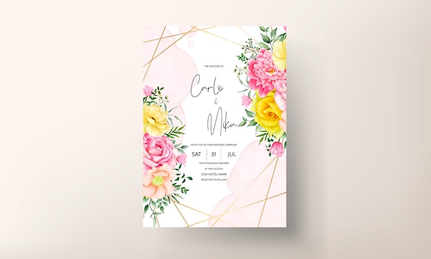 Hochzeitseinladungskarte mit blühender pfingstrose und rosenblumenaquarell
