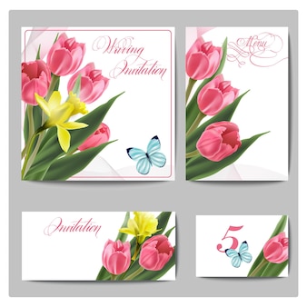Hochzeitseinladungskarten mit frühlingsblumen tulpen narzisse und schmetterlinge vorlage vektor