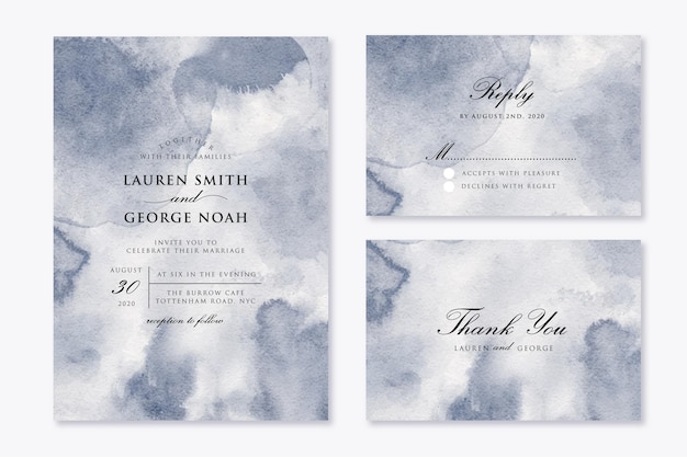 Hochzeitseinladungssatz mit abstraktem grauem aquarellhintergrund