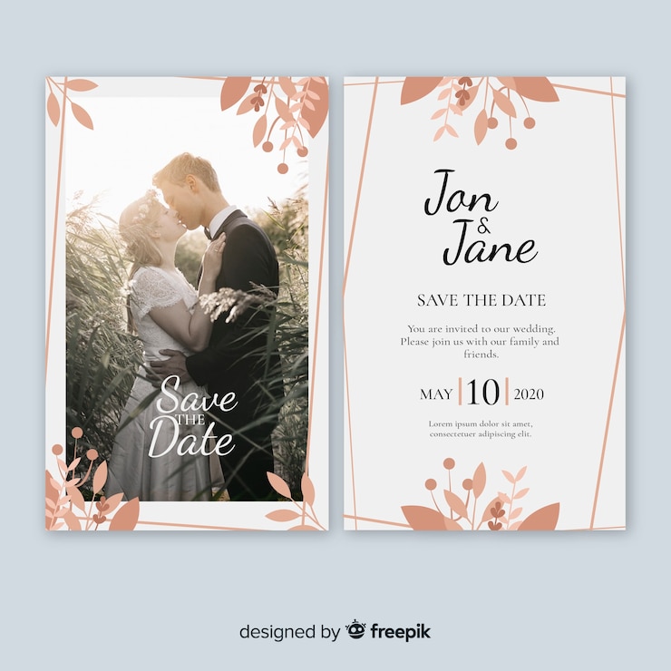 Kostenlose Vektor hochzeitseinladungsschablone mit foto