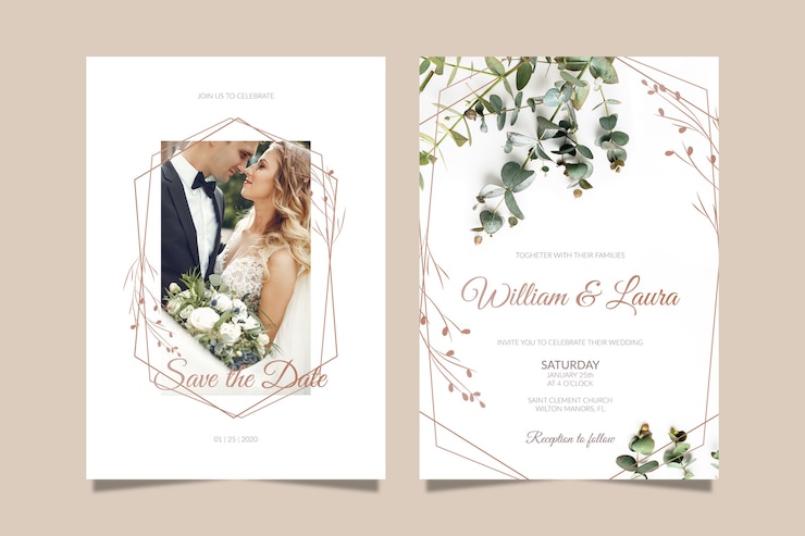 Kostenlose Vektor hochzeitseinladungsschablone mit foto