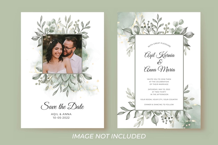 Kostenlose Vektor hochzeitseinladungsschablone mit grünen blättern und fotorahmen