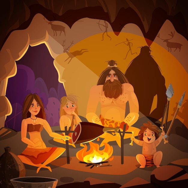 Kostenloser Vektor höhlenbewohner-familien-karikatur-illustration