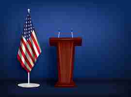 Kostenloser Vektor hölzerne tribüne mit mikrofonen und illustration der amerikanischen flagge