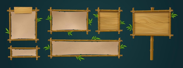 Kostenloser Vektor hölzernes bambusschild-rahmenspiel-ui-vektorset
