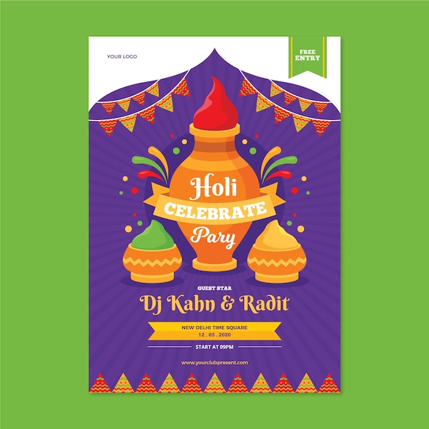 Holi festival plakatvorlage im flat design