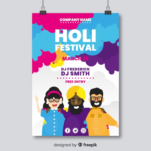 Kostenloser Vektor holi-party-plakat der leute lächelnd