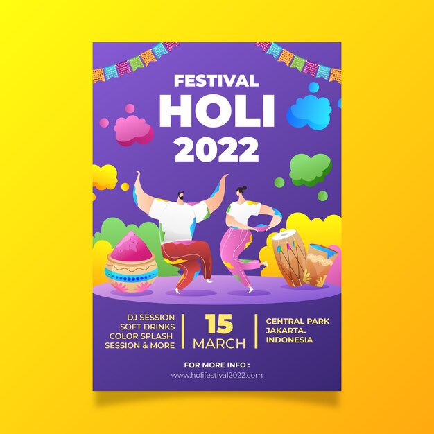 Holi vertikale flyer-vorlage mit farbverlauf