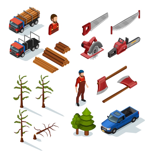 Holzfäller-isometrische Icons Set