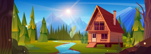 Kostenloser Vektor holzhaus in der nähe des bergflusses vector cartoon-illustration eines schönen hüttenhauses mit verandafenstern und schornstein auf dem dach immergrüner tannenwald um die sonne, der hell im wolkenlosen blauen himmel scheint