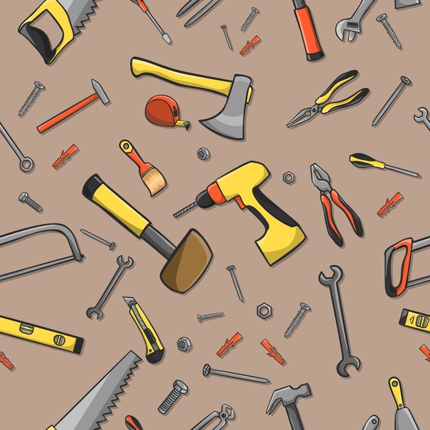 Home Bau-Tools auf eine nahtlose braun Muster Hintergrund Vektor-Illustration