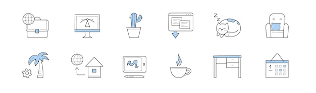 Home office freiberufliche doodle-icons oder zeichen gesetzt