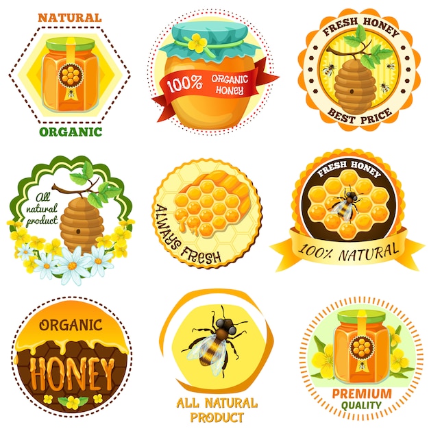 Kostenloser Vektor honig emblem set mit beschreibungen von natürlichen bio frischen honig besten preis alle naturprodukt vektor-illustration