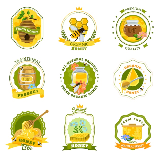 Kostenloser Vektor honig embleme set