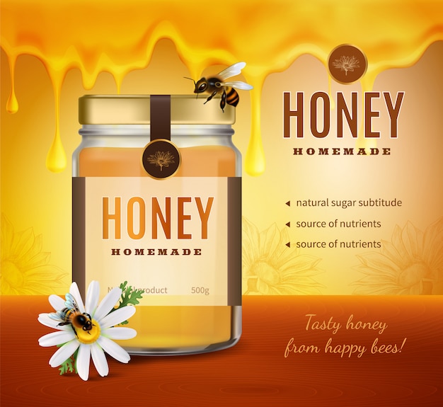 Kostenloser Vektor honigwerbungszusammensetzung mit realistischem bild der produktverpackungsflasche mit markennamen und editierbarem text