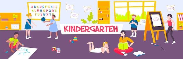 Kostenloser Vektor horizontal mit kinderklassenzeichnung und spielen in der flachen illustration des kindergartens,