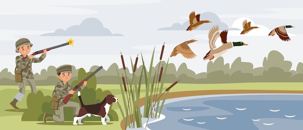Horizontale Banner der bunten Jagd mit Jägern, die fliegende Wildenten nahe Teich schießen