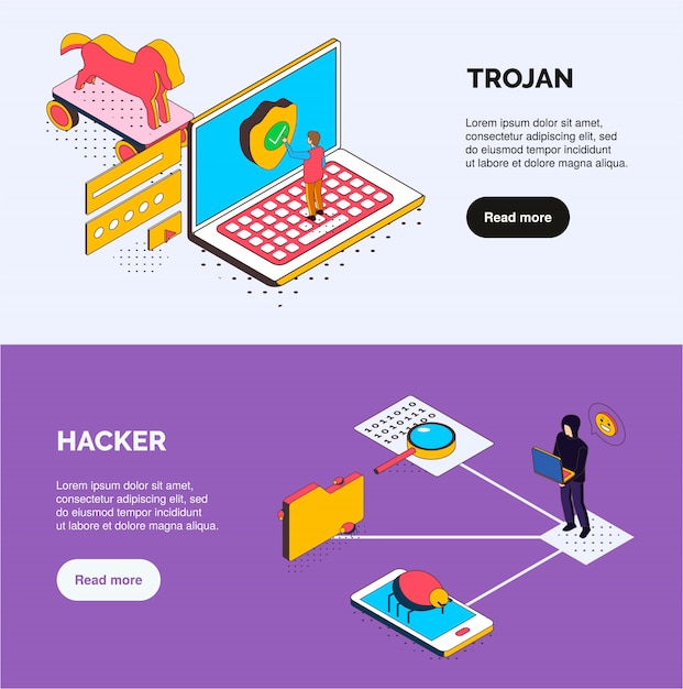 Kostenloser Vektor horizontale banner der isometrischen cybersicherheit mit trojanern und hacker-symbolen, menschlichen charakter-bugs und anklickbaren schaltflächen