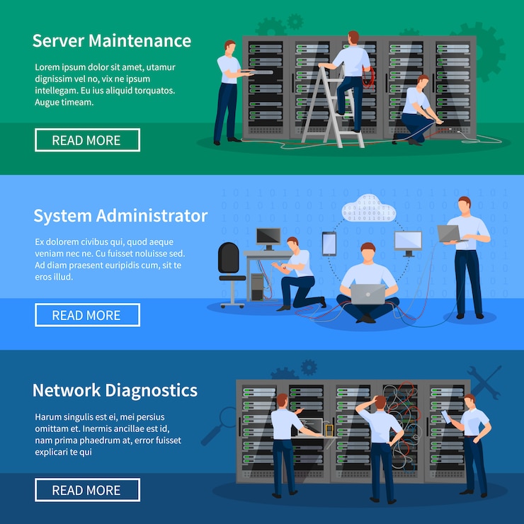 Kostenlose Vektor horizontale banner des it-administrators mit netzwerktechnikern, die im serverraum arbeiten