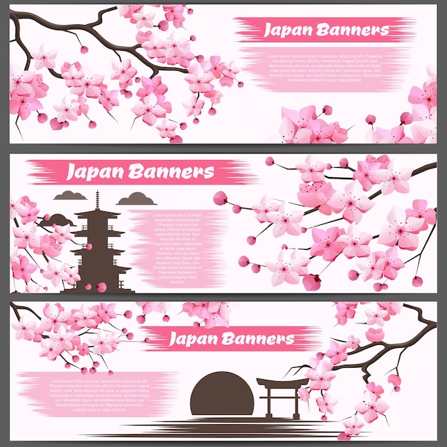 Kostenloser Vektor horizontale banner mit sakura-zweigen und blühenden blumen