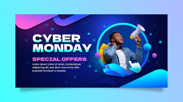 Kostenloser Vektor horizontale banner-vorlage mit farbverlauf für den cyber-monday-verkauf