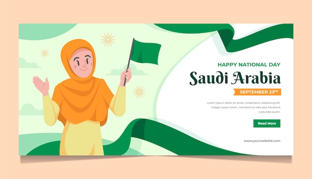 Kostenloser Vektor horizontale bannervorlage für den flachen saudischen nationalfeiertag