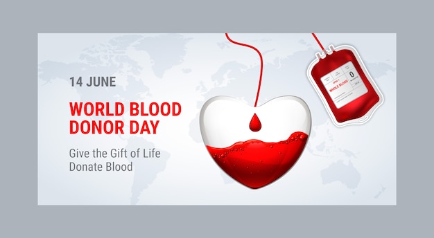 Horizontale Bannervorlage für den realistischen Weltblutspendetag mit Blutbeutel und Herz