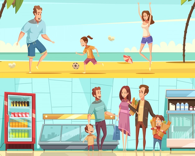 Horizontale Fahnen der Familie zwei mit den Erwachsenen und Kindern, die Kauf im Shopinnenraum machen und auf Karikatur-Vektorillustration des Seestrandes flach stehen