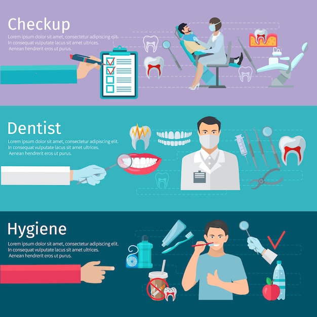 Horizontale fahnen der zahnsorgfalt stellten vorbeugende überprüfungszahnarztwerkzeuge und hygieneprodukte flaches ve ein