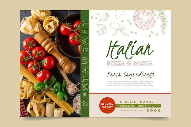 Horizontale fahnenschablone für italienisches nahrungsmittelrestaurant