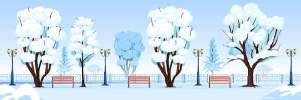 Kostenloser Vektor horizontale illustration des winterstadtparks mit leeren bänken und schneebedeckten bäumen cartoon-vektorillustration