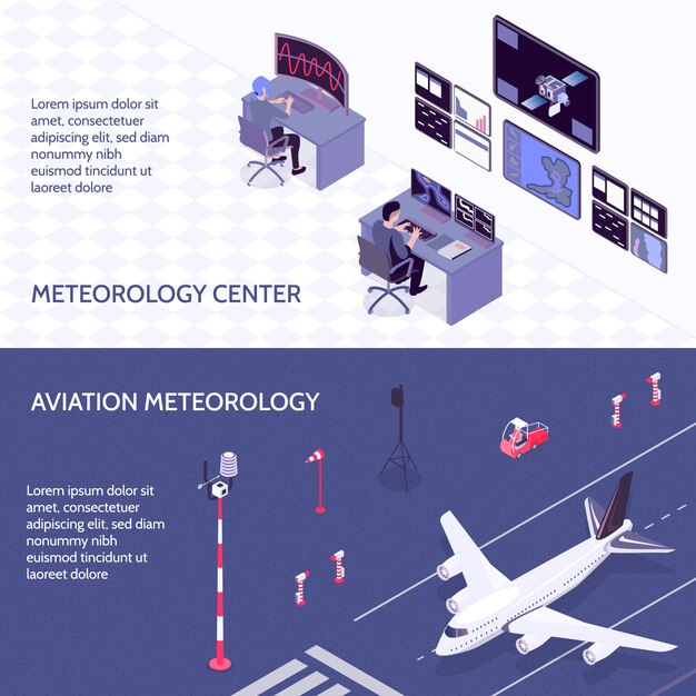 Horizontale isometrische meteorologische Mittelfahne des Wetters zwei stellte mit Meteorologiezentrum- und Luftfahrtmeteorologiebeschreibungen ein