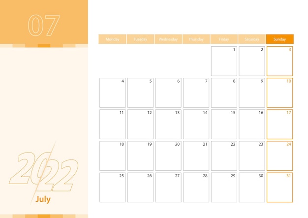 Horizontaler planer für juli 2022 im orangen farbschema. die woche beginnt am montag. ein wandkalender im minimalistischen stil.