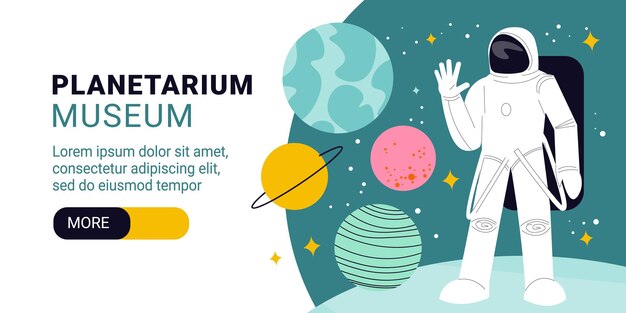 Horizontales Banner des Planetariumsmuseums mit Astronauten im Raumanzug auf sternenklarer Himmelshintergrundvektorillustration