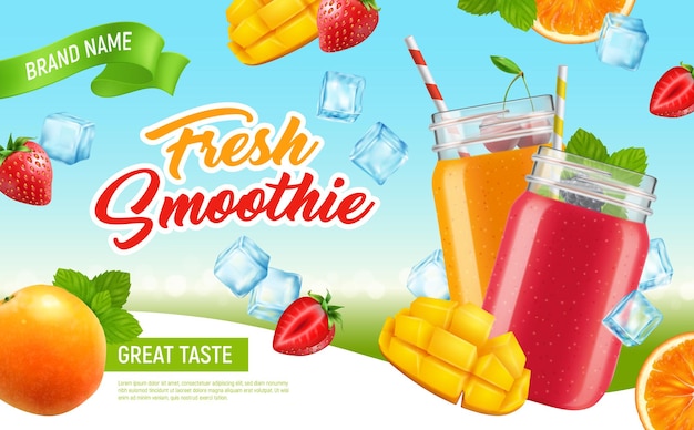 Horizontales Werbeplakat des realistischen Glascocktailsmoothies