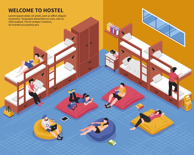 Hostel schlafzimmer isometrische illustration