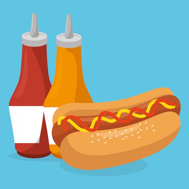 Kostenloser Vektor hot dog mit saucen flaschen fast food