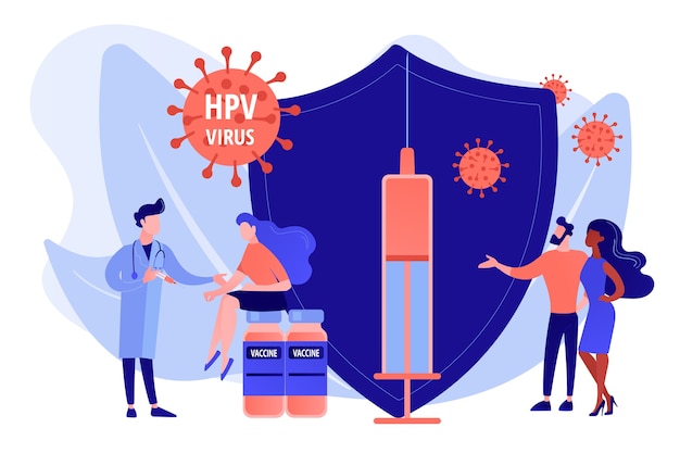 Kostenloser Vektor hpv-infektionsmedikamente. virus prävention. hpv-impfung, schutz vor gebärmutterhalskrebs, konzept des impfprogramms für humanes papillomavirus. isolierte illustration des rosa korallenblauvektorvektors