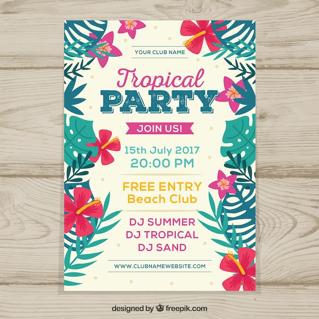 Hübsche retro-broschüre tropische party mit blumen