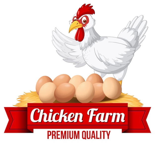 Kostenloser Vektor hühnerfarm-banner mit weißer hühnerzeichentrickfigur