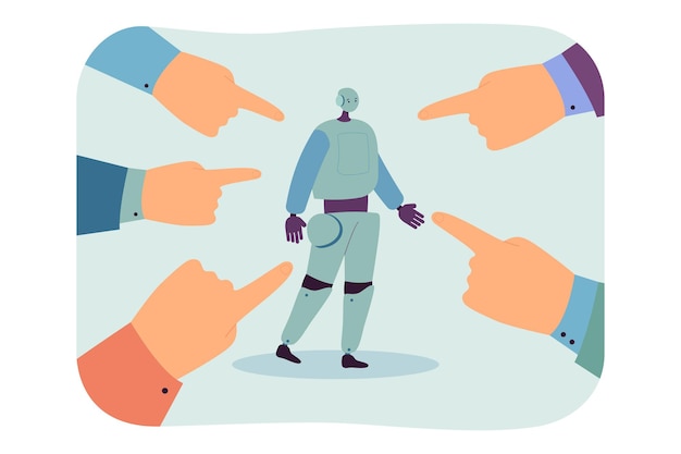 Humanoider Roboter, umgeben von Händen, die mit den Fingern zeigen. Leute, die flache Vektorillustration der künstlichen Intelligenz beschuldigen. Angst vor modernen Technologien für Banner, Website-Design oder Landing-Webseite