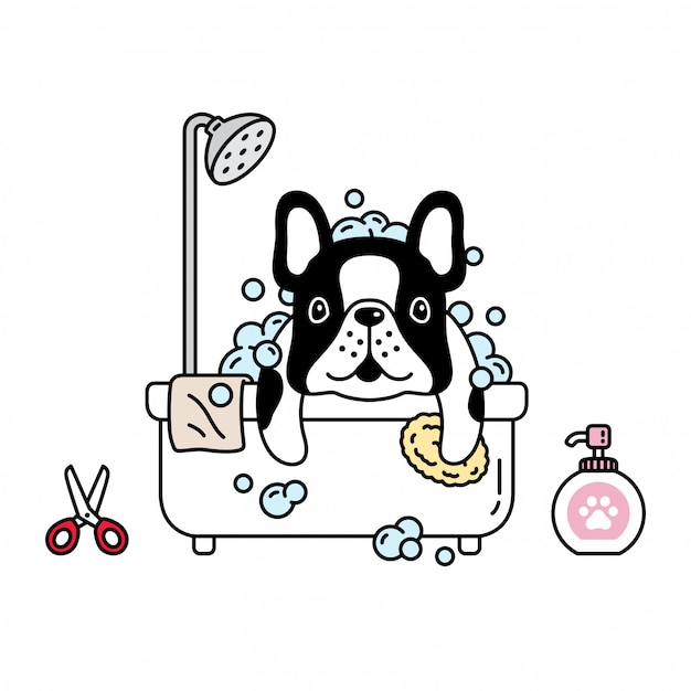 Hund Franzosische Bulldogge Bad Dusche Gummiente Karikatur Premium Vektor
