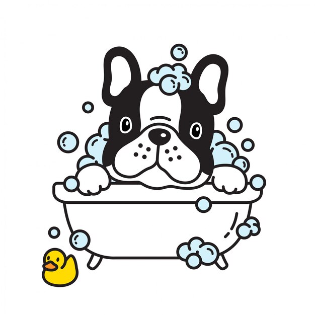 Hund Franzosische Bulldogge Bad Dusche Gummiente Karikatur Premium Vektor